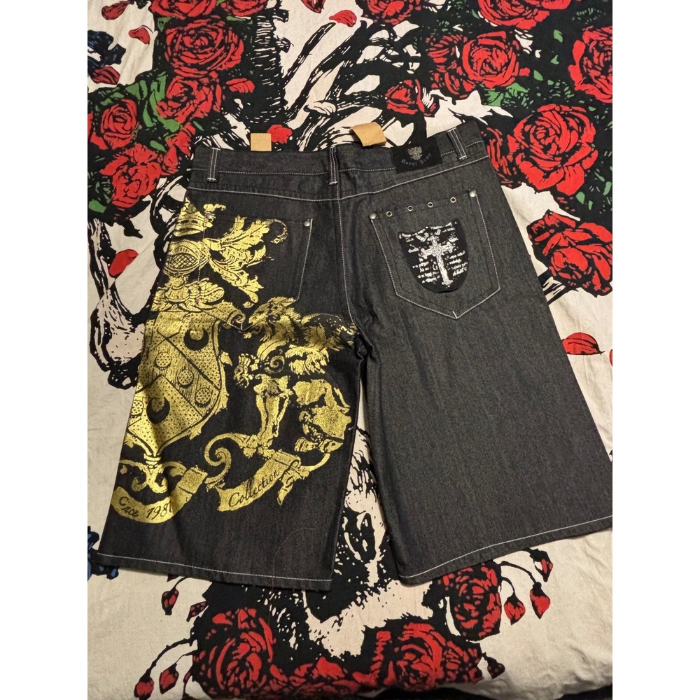 Urban Label Mens Baggy Denim Shorts Black Gold Y2K Gothic Cross Size 34 98550